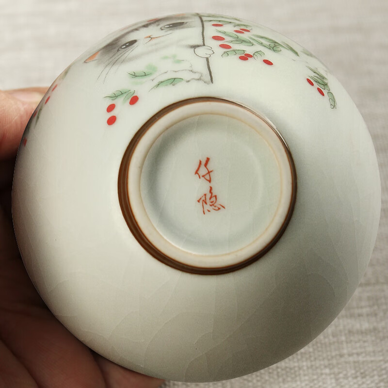 易信开片陶瓷猫咪对杯套装汝窑茶盏主人杯家用喝茶杯品茗杯喝水杯子 春分2斗笠杯-秋千猫+红果猫