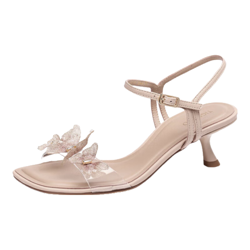 蹀愫2025年心動禮物夏新方頭配裙子中跟小貓跟水鉆仙女涼鞋TA65319-11 淺杏色羊皮革 36