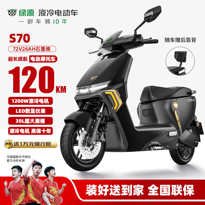 绿源电动摩托车S70续航120公里1200W电机LED数显仪表30L大容量座桶 液冷电机质保十年 光纤白 纳米黑