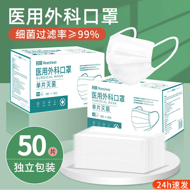 若硕夏季薄款白色口罩医用外科灭菌级一次性医疗单独立包装女高颜值 [经典款]医用外科白50只/独立包装/精美盒装