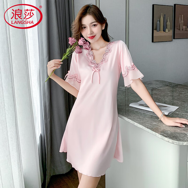 浪莎睡裙女性感冰絲仿真絲睡衣薄款高級(jí)感V領(lǐng)蕾絲女士家居服
