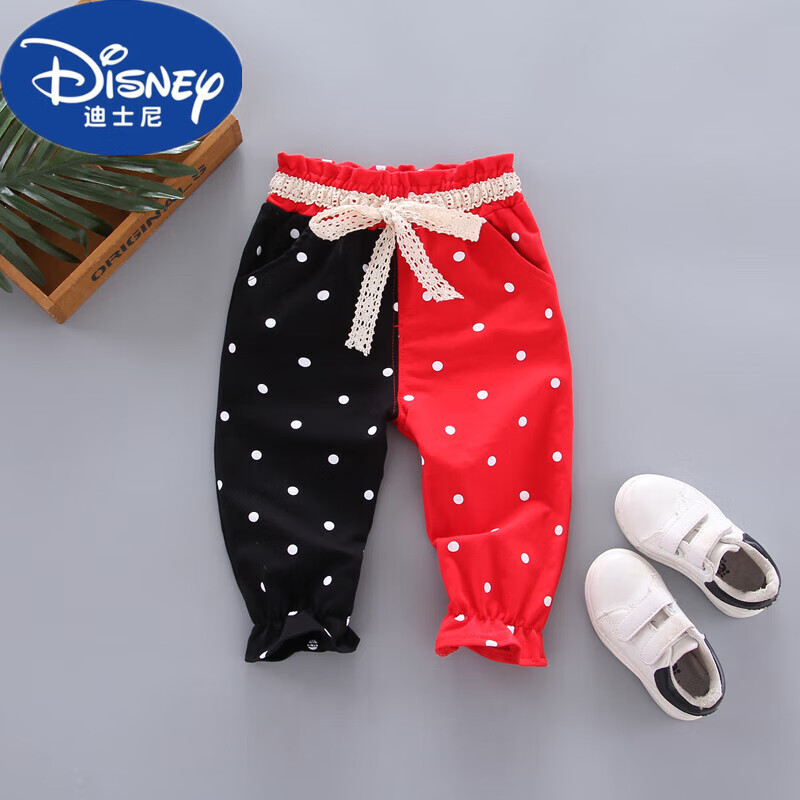 迪士尼（Disney）品牌男女童寶寶單扎牙鴛鴦褲百天周歲春秋紅綠長褲罩褲 春秋點子大紅陪黑色長褲 85 厘米(XL)