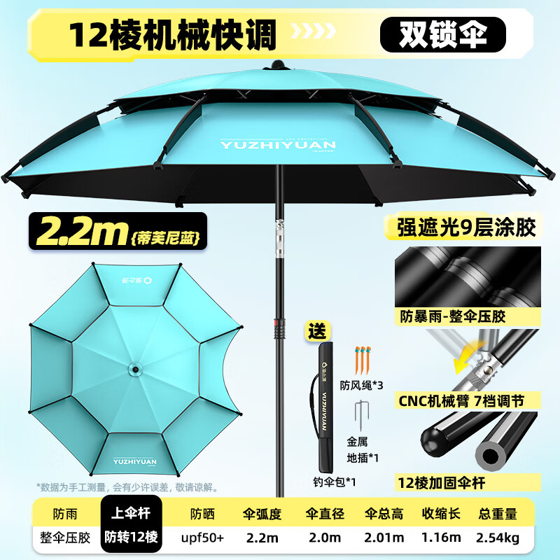 漁之源 釣魚(yú)傘防暴雨大釣傘多向加厚雨傘防風(fēng)戶外遮陽(yáng)傘防雨垂釣傘 2.2米 12棱快調(diào)機(jī)械臂【齒輪速調(diào)重力自鎖】蒂藍(lán)