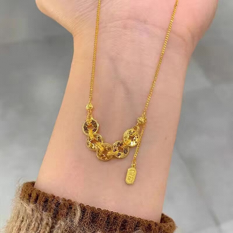 夕迎正26新款情人节黄金色五帝钱项链女18K金碎碎冰进宝钱币手链送女友 金店五帝钱项链