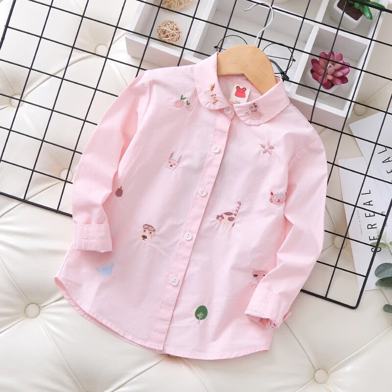 迪士尼（Disney）童裝女童襯衫純棉刺繡白色中大兒童襯衣翻領(lǐng)打底衫春秋軟牛仔上衣 粉色 領(lǐng)子貓咪刺繡棉襯衫 130 建議身高120-125cm年齡7-8