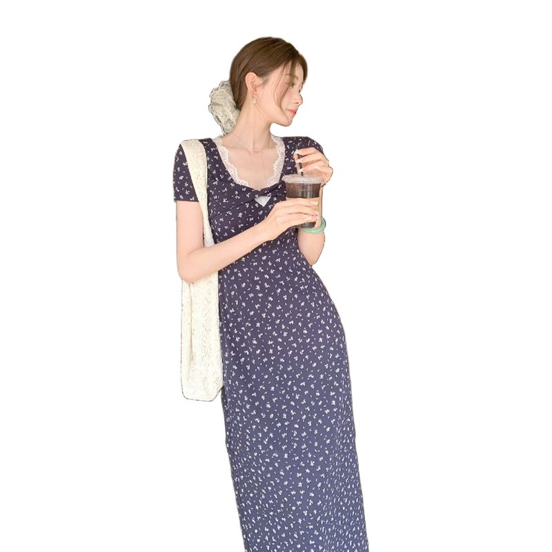 西遇v領(lǐng)碎花連衣裙女夏季新款蕾絲花邊收腰法式短袖長(zhǎng)裙 寶藍(lán)色 XL (170)