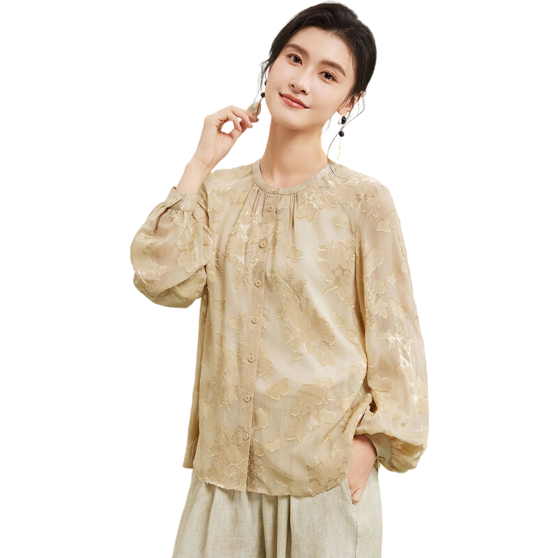 金菊【100%桑蠶絲剪花綃】高端真絲25春夏季新款國風(fēng)提花長袖女式襯衫
