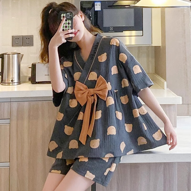 SKONWAT睡衣女款夏季2025新款夏天薄款女士夏款法式可外穿家居服套装 YNE1654 M 女：