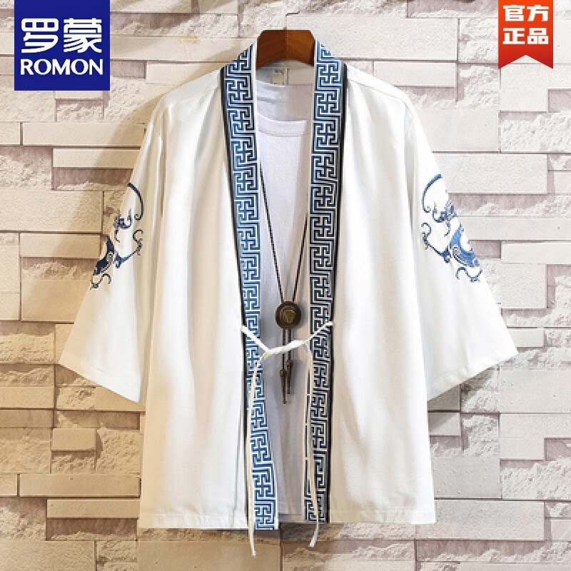 羅蒙（ROMON）夏季夾克外套男七分袖披風(fēng)防曬衣刺繡中國風(fēng)寬松開衫雪紡?fù)庖?2201白色 M (100-120斤)