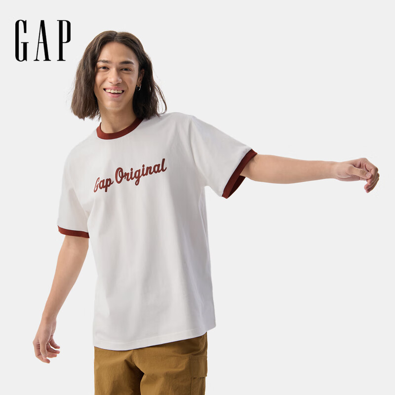 GAP男女装2025夏季新款纯棉撞色印花logo短袖T恤多色上衣729119 红褐色 L (175/96A) 亚洲尺码
