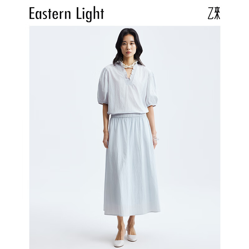 乙来(EASTERN LIGHT)2026夏季新款南法碎褶半身裙A字中长款女裙气质显瘦高级感夏装 晨雾蓝-半身裙 L