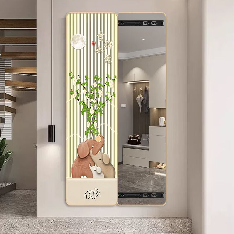 语森忆隐藏式奶油全身镜子推拉卧室穿衣镜玄关挂画试衣装饰装饰画 【阳光花葵】圆角奶油杏色框+防 40乘150cm【水晶膜】左推拉