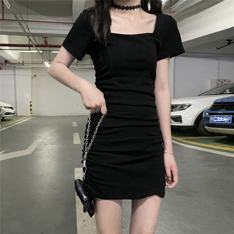 紫昕月法式方领包臀小黑裙女夏季新款修身显瘦设计感小众辣妹短款连衣裙 黑色-不会透 【厂家直销 当天发 M 建议【95斤内】