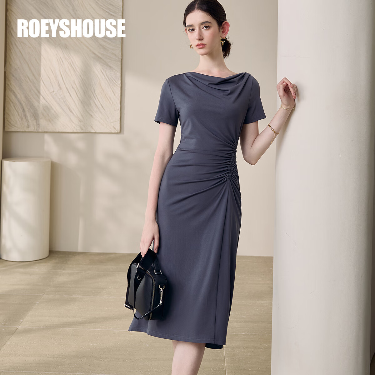 ROEYSHOUSE罗衣时尚通勤针织连衣裙2025夏季新款高级深灰色修身中长裙12038 深灰色 L