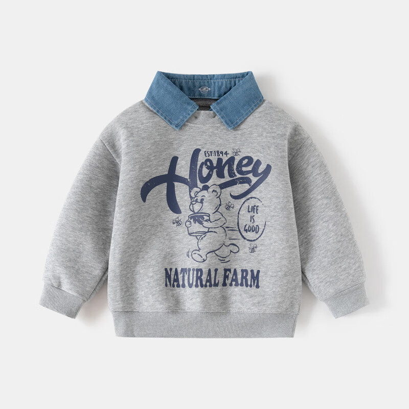 WELLKIDS春季儿童假两件卫衣新款韩版童装男童可拆卸领外套潮宝宝上衣 藏青HONEY熊 110