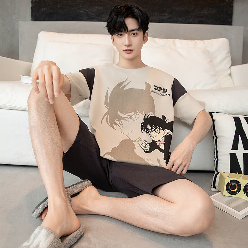 萧淑妃夏季卡通柯南纯棉男士睡衣可外穿青少年学生短袖短裤家居服套装 少年柯南 5XL