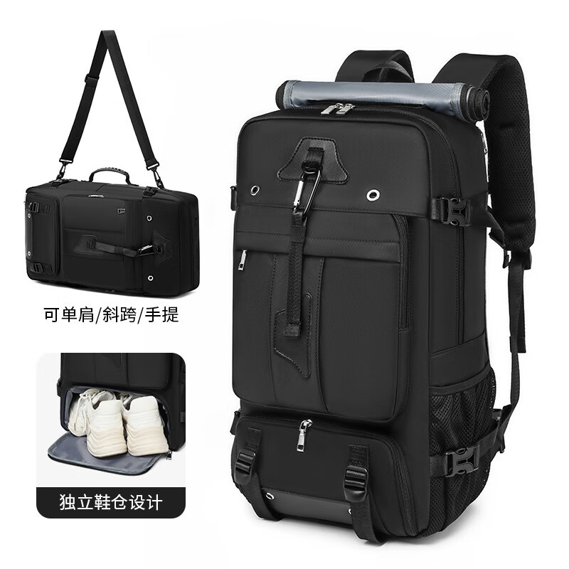 佳品优背包男士感双肩包户外徒步背包女款大容量斜挎手提旅行包 子夜黑