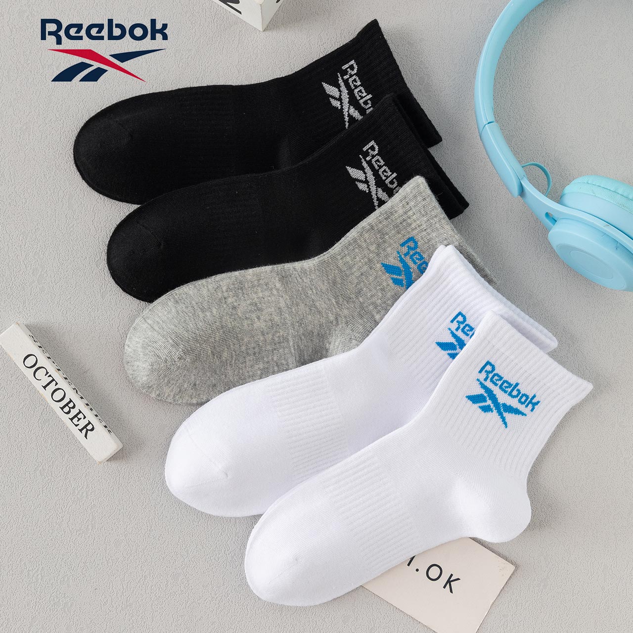锐步(Reebok)袜子中短筒男女情侣亲子袜动袜跑步篮球棉袜透气吸汗防臭白袜 5双装【2黑色+3白色】 均码 (建议39-43码)男生