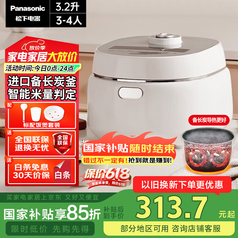 松下（Panasonic）【国家补贴】饭蹲蹲电饭煲家用3-4人智能预约电饭锅多功能煮饭锅备长炭胆3.2升容量饭墩墩SR-DK101