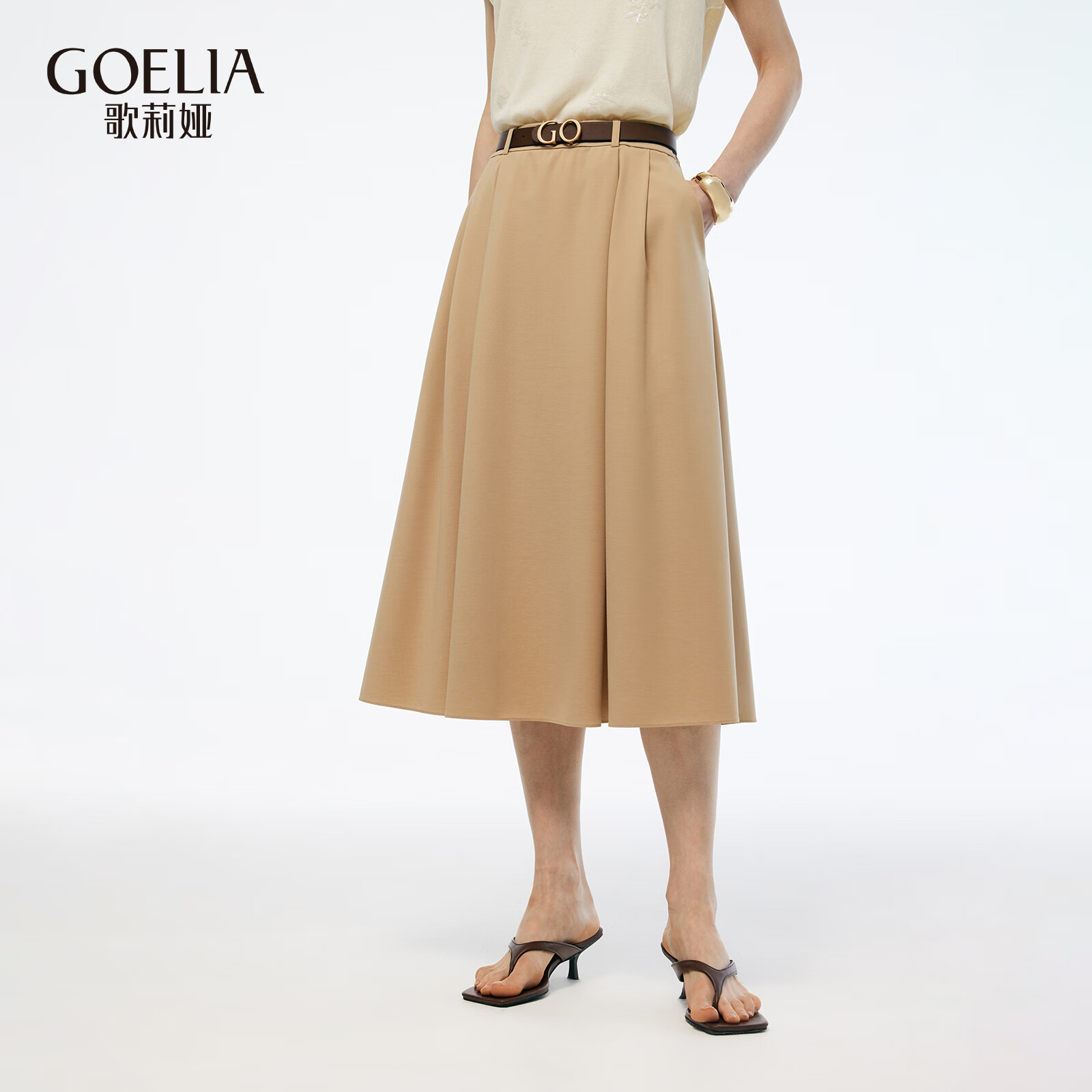 歌莉娅 夏季新品  弹力针织中长半裙  1E6L2B200 45W卡其 L