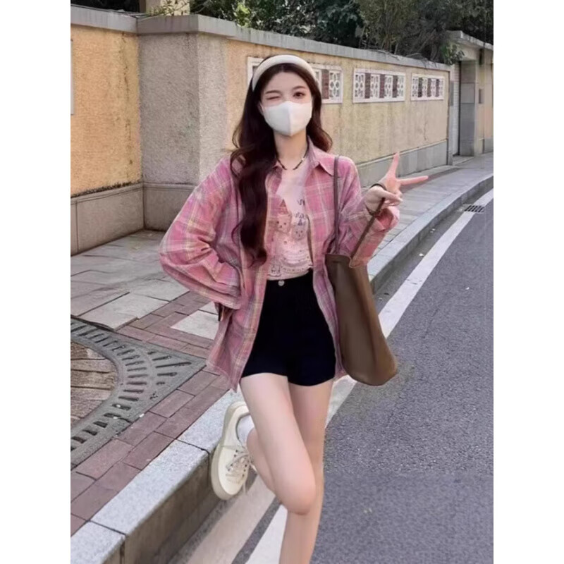 宝娜斯（BONAS）港风女装甜美格子开衫夏季防晒衬衫外套女设计感上衣 粉色 均码 80-140斤