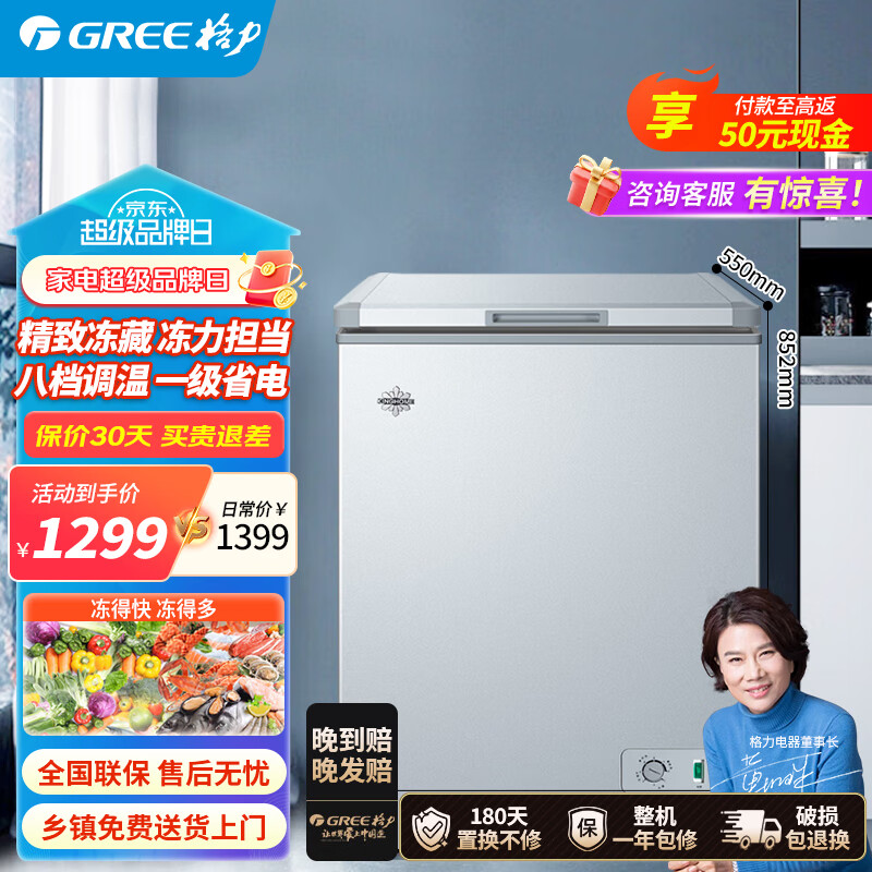 格力晶弘冰柜家用冷藏冷冻两用冷冻柜一级省电八档调温 时代银 102L 单温柜