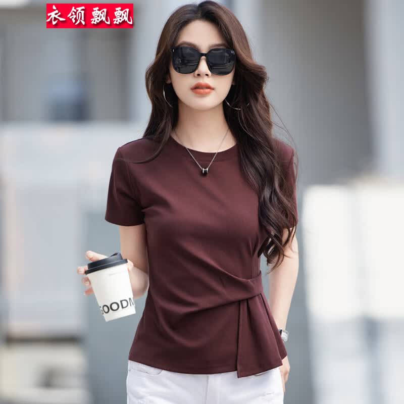 衣领飘飘时尚潮流t恤女装短袖上衣夏季女士衣服新款洋气个性韩版体恤小衫 酒红色 L (105-115斤)