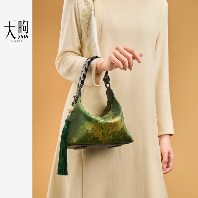 天煦中国风复古印花香云纱女包桑蚕丝布包女士手提包母亲节礼物妈妈包 墨绿色-香云纱印花-礼盒装