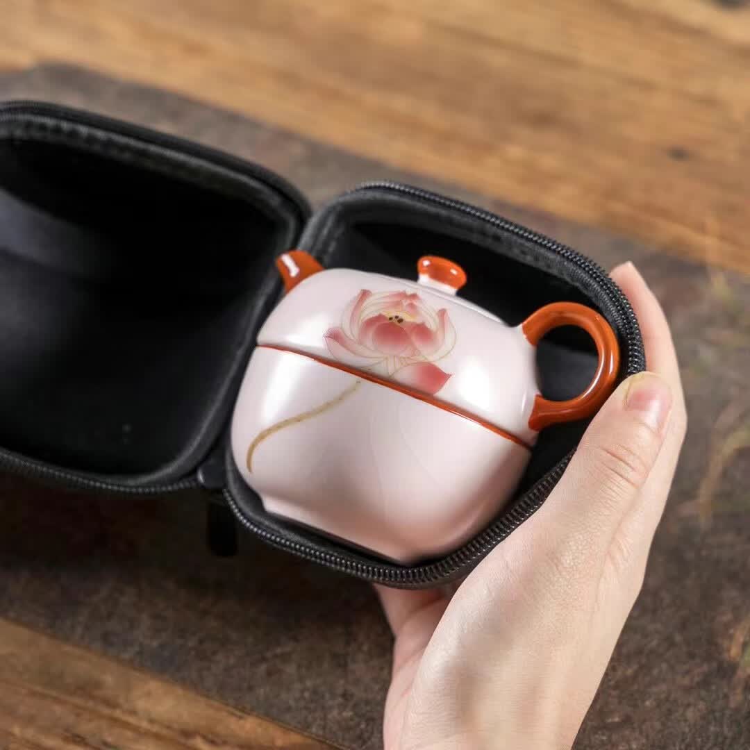 希格鲨创意可养金丝开片冰裂纹快客杯户外露营便携一壶一杯陶瓷旅行茶具 荷花粉色汝瓷一壶 无规格