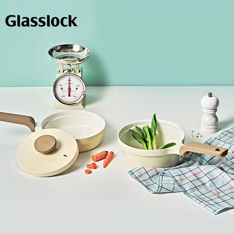 GLASSLOCK婴儿宝宝辅食小煮锅不粘锅多功能煎煮一体煮粥泡面奶锅平底锅 升级款 薄荷色2件套 16cm