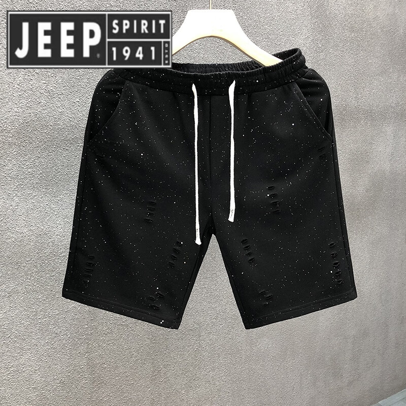 JEEP SPIRIT吉普流行個性亮片短褲男設計感潮牌破洞乞丐褲男士潮流外穿休閑五 黑色 M