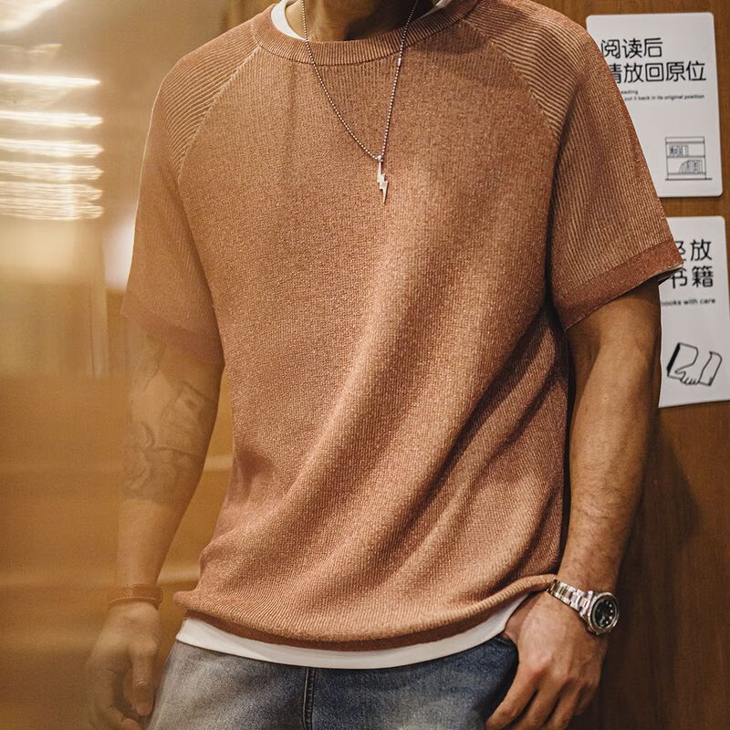 马登工装 美式复古橙色针织衫短袖休闲宽松圆领薄款透气T恤男夏季 砂砾橙 S
