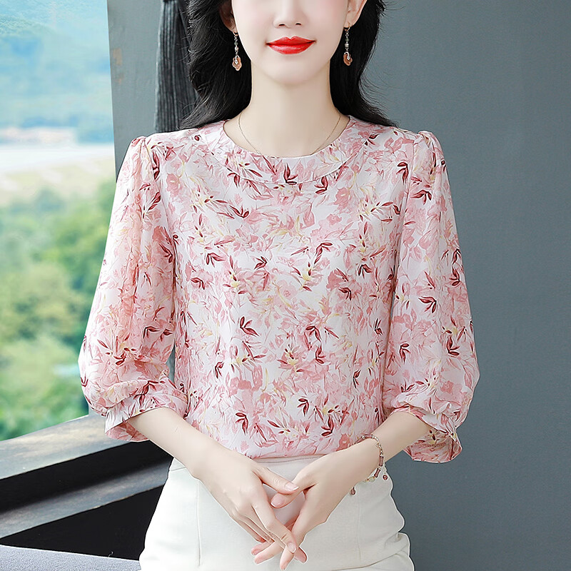 梵闋碎花雪紡衫女夏季新款小衫印花設計感時尚洋氣減齡百搭襯衫女上衣 粉色 XL -建議115-125斤