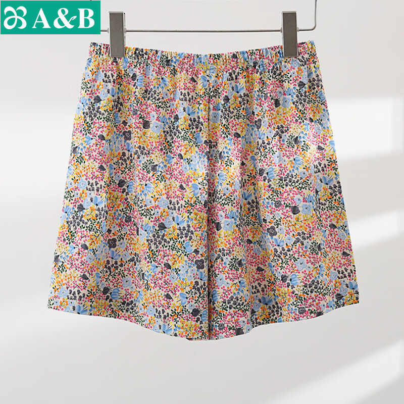 AB中老年夏季薄款纯棉短款印花柔软高腰睡裤家居裤短裤内衣裤子 石榴花 XL