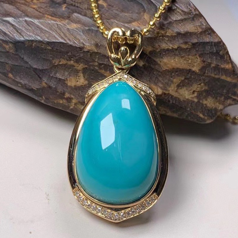 慈心缘 绿松石高瓷水波纹吊坠 18k金镶钻工艺精湛女玉石玉器项链锁骨