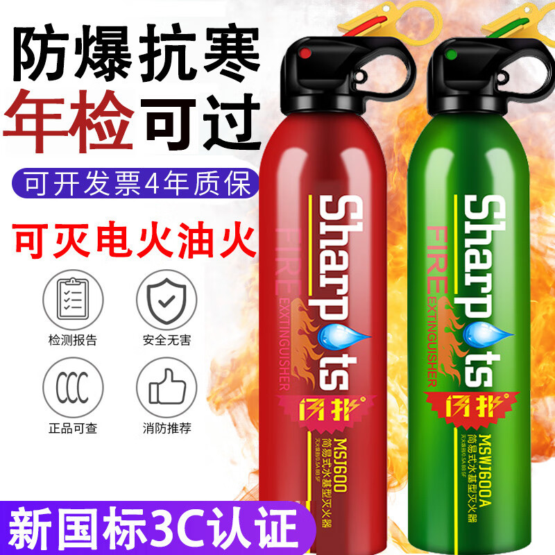 闪扑水基灭火器 车载车用家用商用汽车灭火器私家车消防器材灭水器瓶 600ml 水基 单瓶装 红色