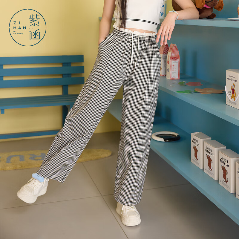 紫涵（ZIHAN）紫涵黑白格纹直筒裤女2025夏季新款蕾丝拼接高腰系绳宽松阔腿长裤 黑白格 M