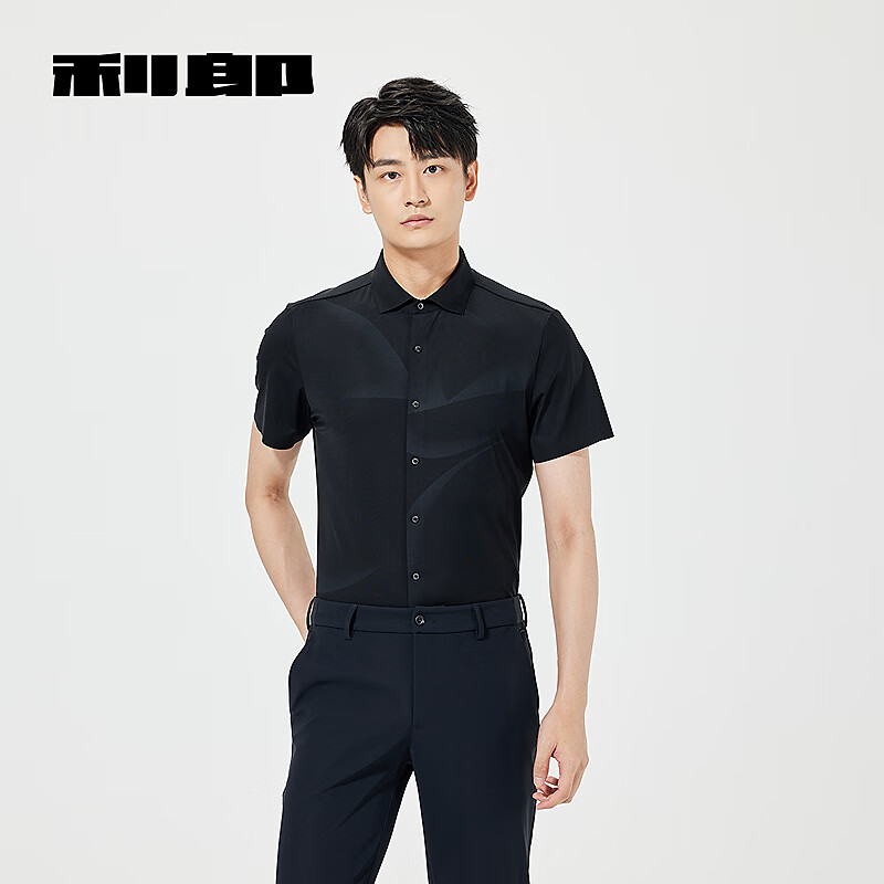 利郎【商场同款】休闲衬衫男短袖夏季弹力修身印花时尚男士花衬衫 黑色（25XXC1031S） 2XL 180/92A