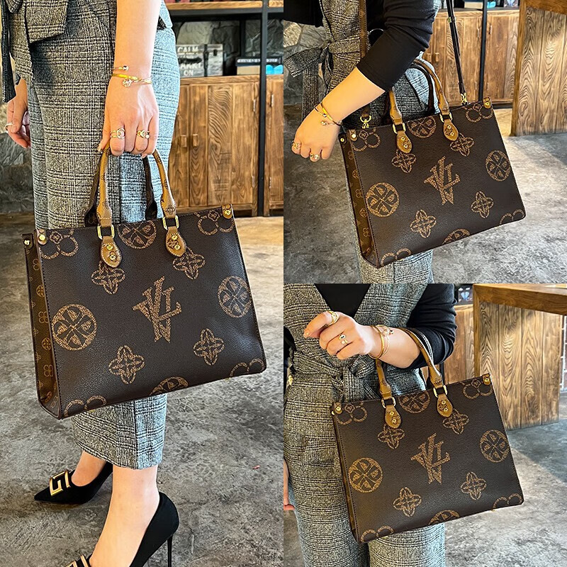 小香儿包包女斜跨感女士手提真皮单肩大容量托特大包 咖色配