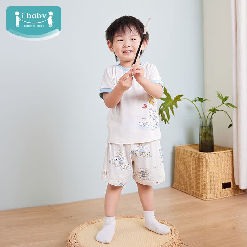 ibaby/英伦宝贝男女童套装夏季童装短袖短裤两件套儿童针织透气宝宝衣 鸭戏春江 90