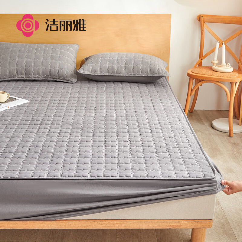 洁丽雅（grace）床笠 可水洗加厚夹棉床罩床单防尘罩 防滑床垫保护套 灰色 1.8米床