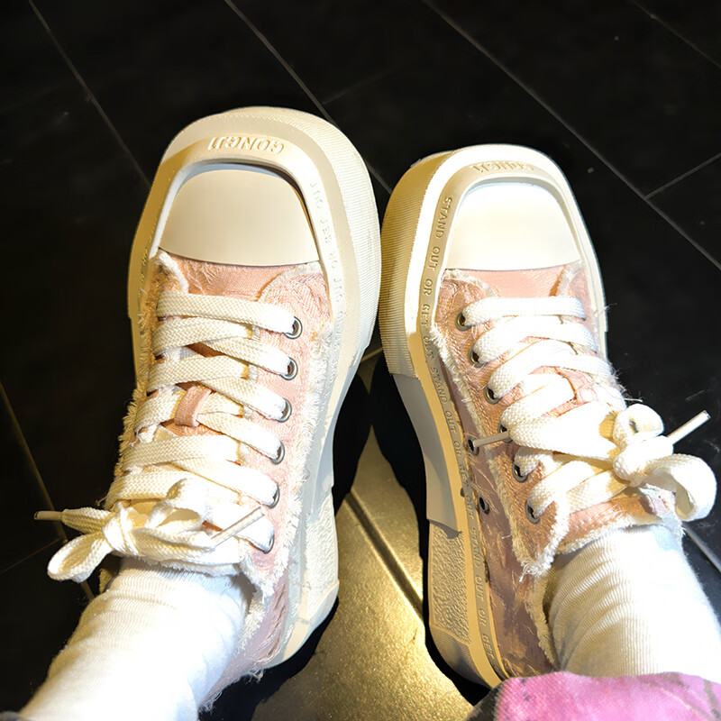 共迹gongji周深同款厚底帆布鞋厚底鞋女鞋秋季2025增高板鞋小白鞋运动休闲鞋 桃夭粉 /偏大一码 40