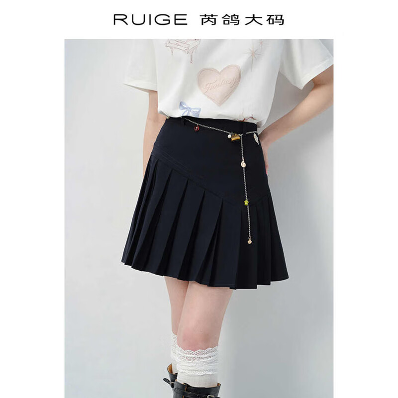 芮鴿大碼女裝百褶裙設計感百搭純色短裙女新款夏季A字胖mm半身裙 深藏青 XL