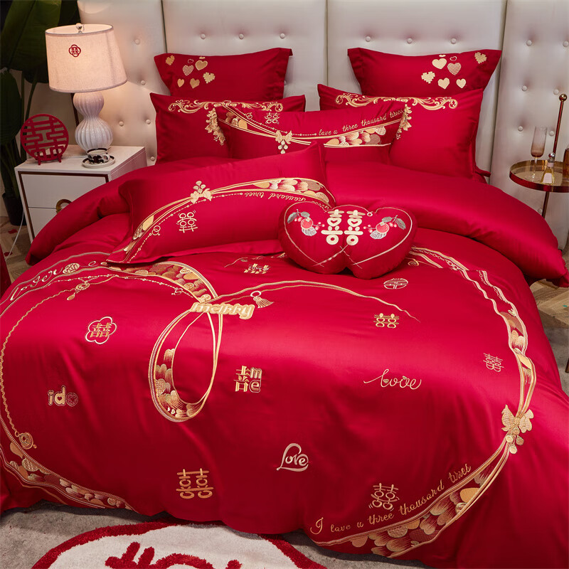 新中式結(jié)婚四件套紅色南通家紡高級(jí)感婚嫁喜被百?lài)中禄閼c床上用品 非你莫屬【四件套-床單款】 1.8米床 適配200*230cm被芯