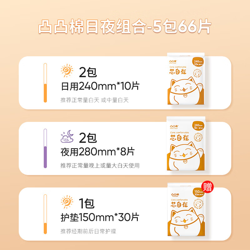 凸凸棉卫生巾透气干爽姨妈巾加长瞬吸日夜套装【品牌直供 安心品质】 日夜组合66片