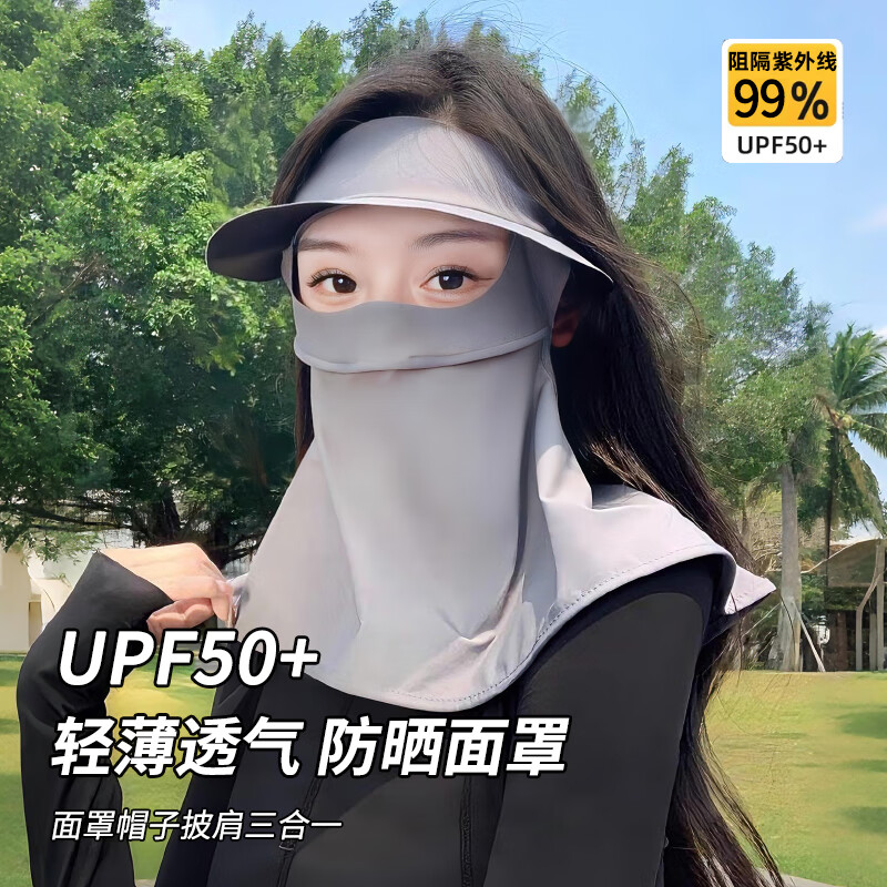 黛米安妮莎防晒面罩全脸防紫外线遮阳女冰丝黑胶帽子一体护颈脸基尼骑行口罩 深灰色 1个