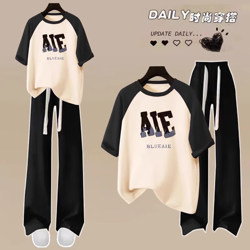 萱莉莉高中女生夏裝新款洋氣女生衣服初中生夏季套裝休閑短袖褲子兩件套 -60長褲套裝黑拼杏上衣+黑褲 165 碼 【建議105-120斤】