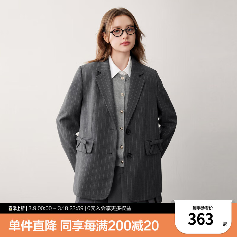 乐町格雷系廓形平驳领条纹西装外套2024秋季新款蝴蝶结设计感西服 黑白灰条(现货) S