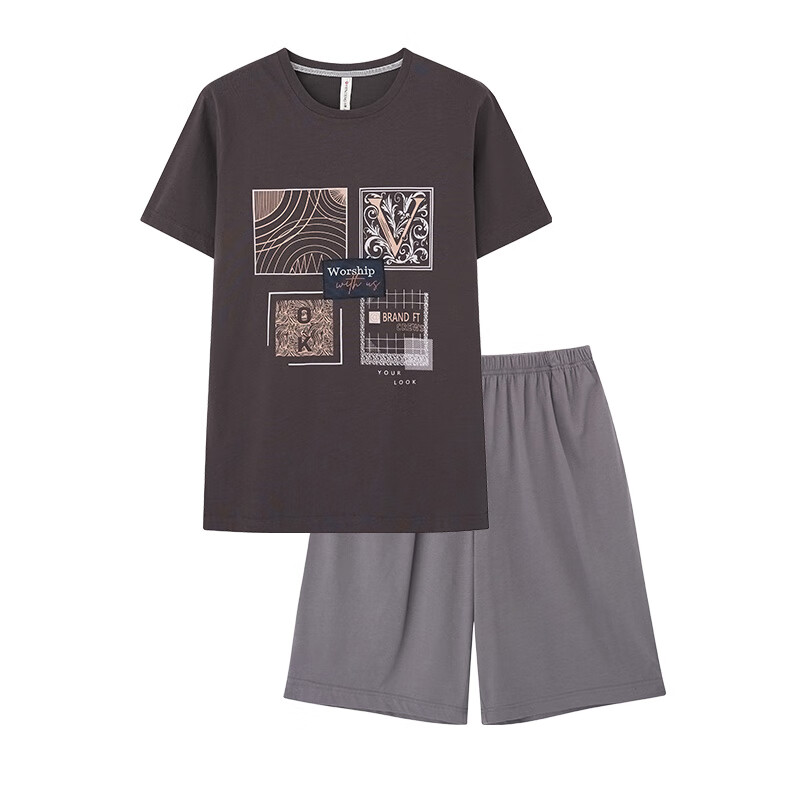 芬腾睡衣男【100%纯棉】夏季薄款圆领可外穿新品家居服套装高级感 复古灰-男款7 L