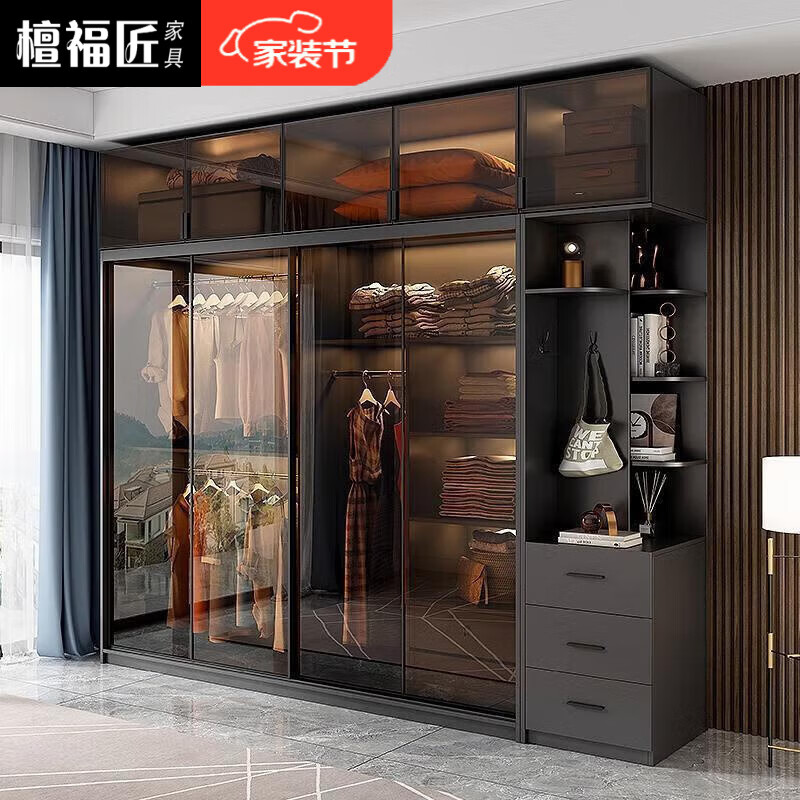 檀福匠2025新款衣柜推拉門家用臥室實木現(xiàn)代簡約輕奢意式極簡玻璃門衣櫥 1.8米衣柜+邊柜+頂柜